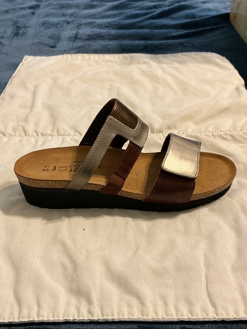 Naot Two-Band Adjustable Slide Sandal in Silver and Brown